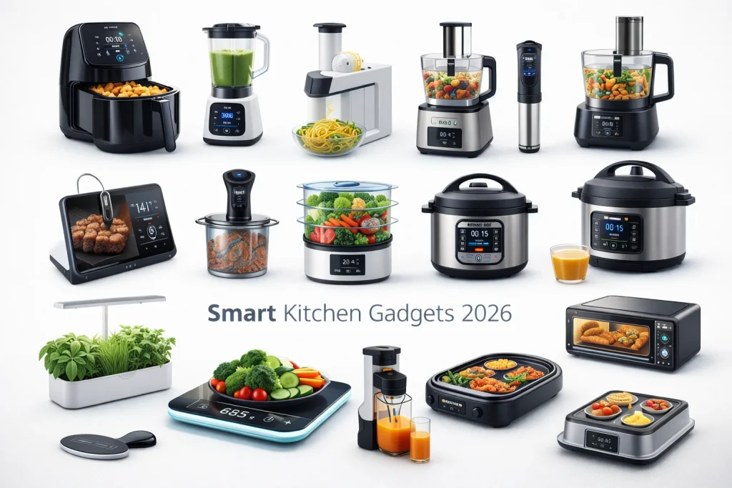 A structured infographic-style grid showing 15 best kitchen gadgets in 2026 including smart cooking tools like air fryer, blender, food processor, juicer, sous vide machine, and smart oven in a clean modern ecommerce presentation layout