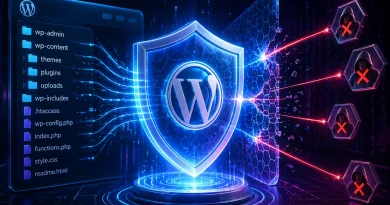 Prevent direct access in WordPress with cybersecurity shield protecting website dashboard from hackers