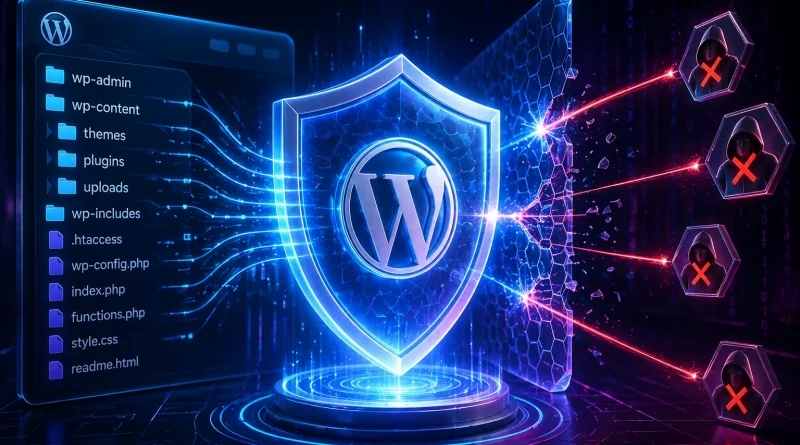 Prevent direct access in WordPress with cybersecurity shield protecting website dashboard from hackers
