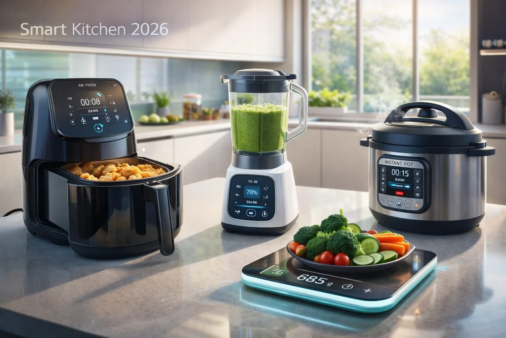 A futuristic smart kitchen in 2026 showing AI-powered cooking ecosystem with smart appliances including air fryer, blender, Instant Pot, and digital tools in a bright modern home environment with healthy lifestyle focus