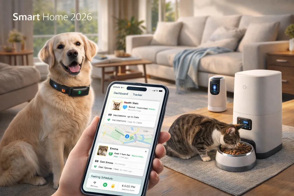 A futuristic smart home in 2026 showing a complete pet tech ecosystem with a dog wearing a GPS collar, a cat eating from a smart feeder, and a pet monitoring camera connected to a mobile app displaying health and location data in real time