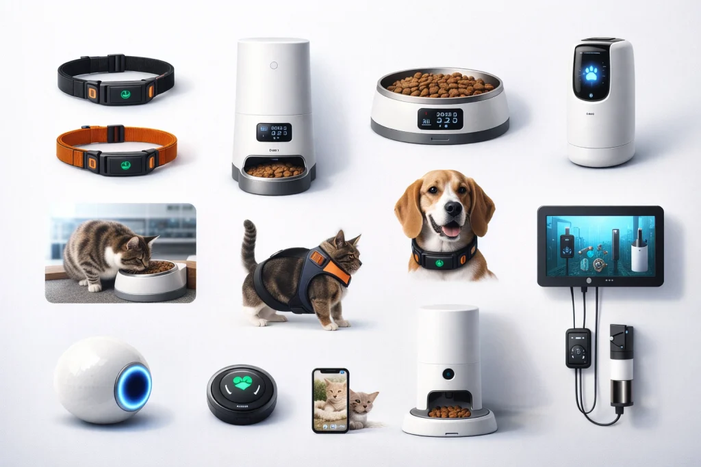 A flat lay infographic showing 10 best pet tech gadgets in 2026 including smart GPS collars, automatic pet feeders, pet cameras, smart bowls, emotion tracking harness, and aquarium controller arranged in a clean modern grid layout