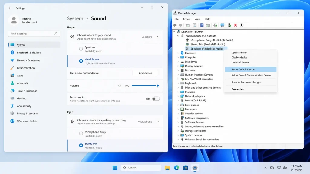 Windows 11 sound settings showing how to select or reset audio device to fix audio renderer error