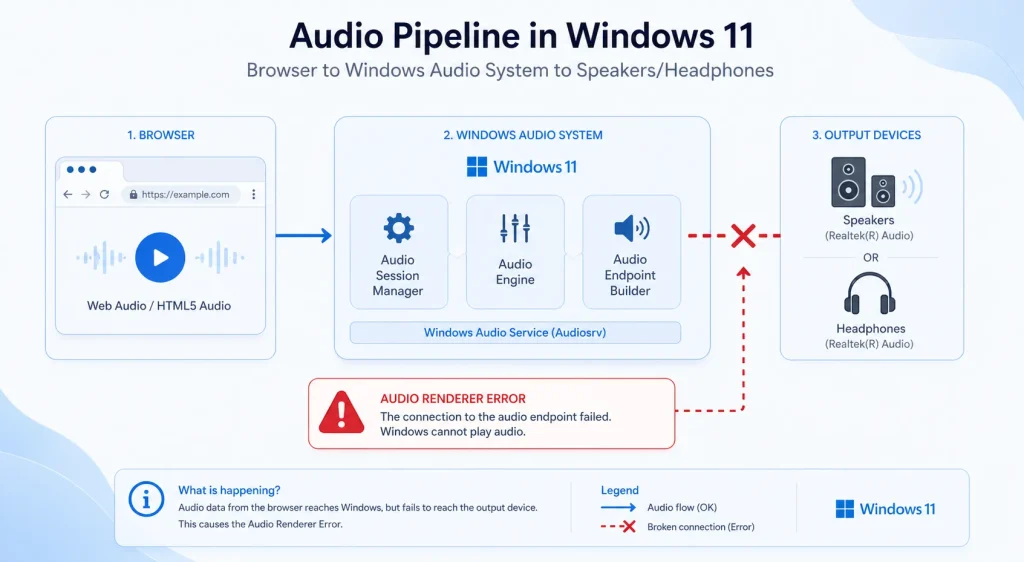 Diagram showing how Windows 11 audio pipeline breaks between browser and speakers causing audio renderer error
