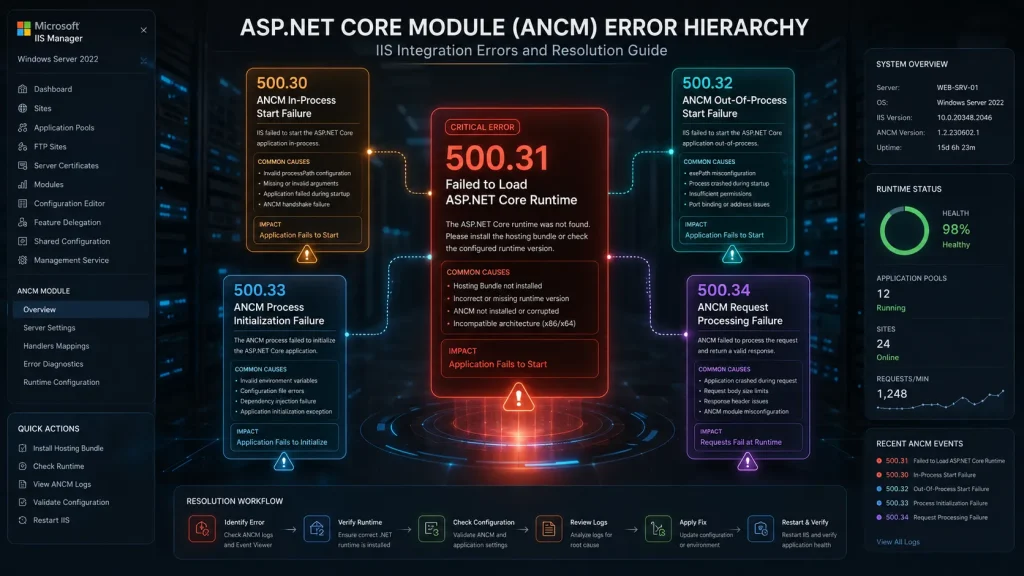 Comparison of ASP.NET Core ANCM errors including HTTP Error 500.31
