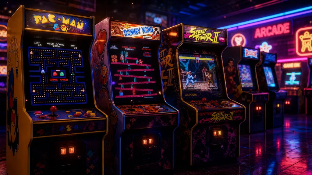 Classic arcade machine games including maze, platform and fighting cabinets