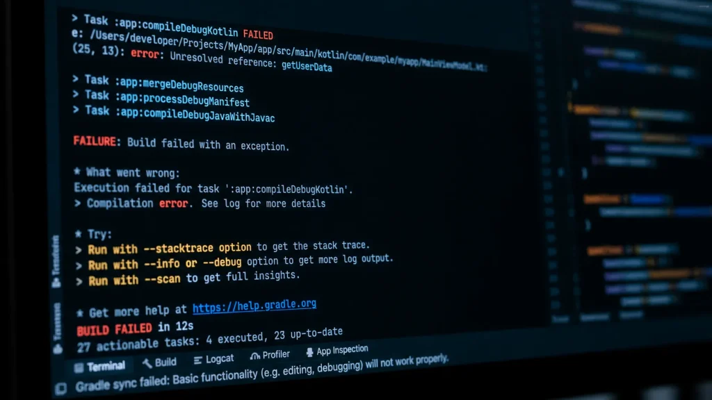 Gradle build output logs showing error and failed task debugging process
