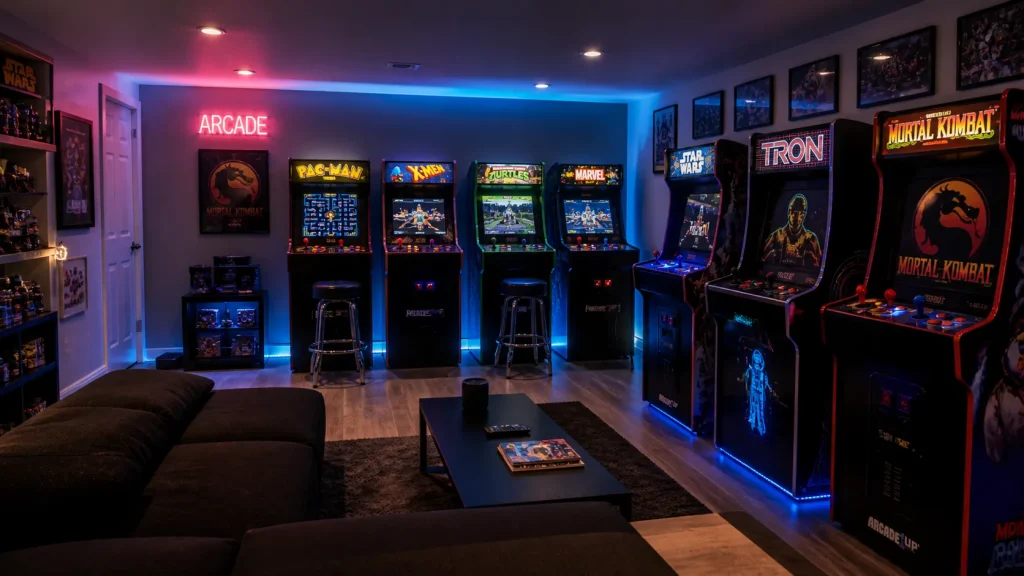 Home arcade machine setup with multiple cabinets in modern gaming room