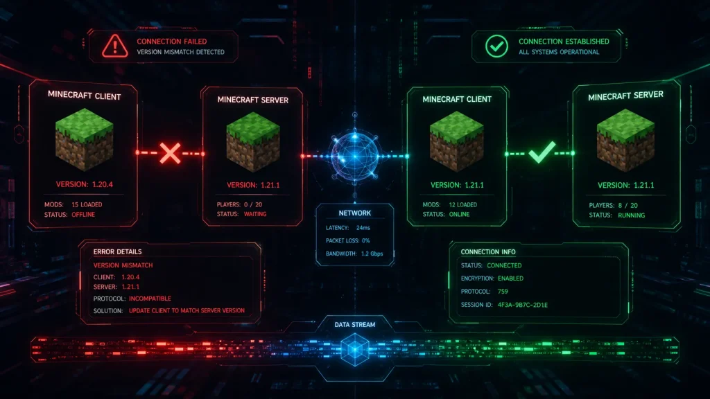 Minecraft client server version mismatch vs match explained visually