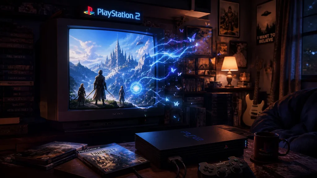 PlayStation 2 console with RPG fantasy world emerging from screen representing golden age of RPG gaming