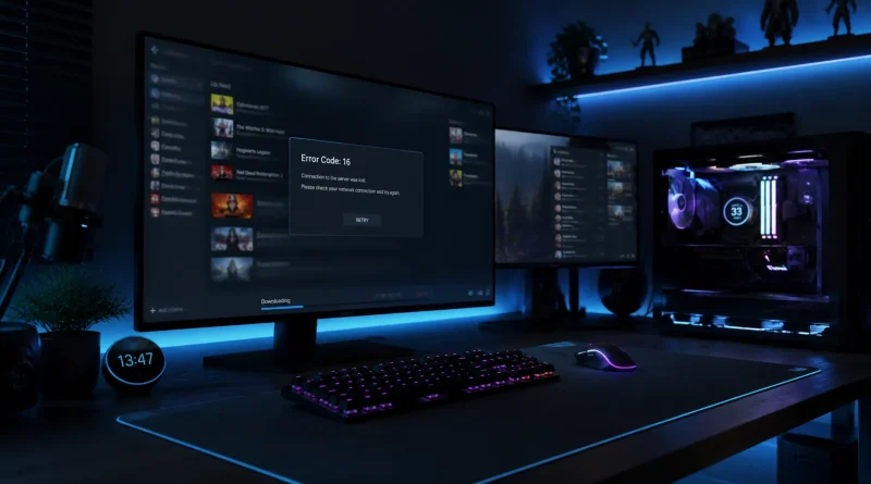 Steam error 16 download failure on gaming PC setup with modern RGB lighting