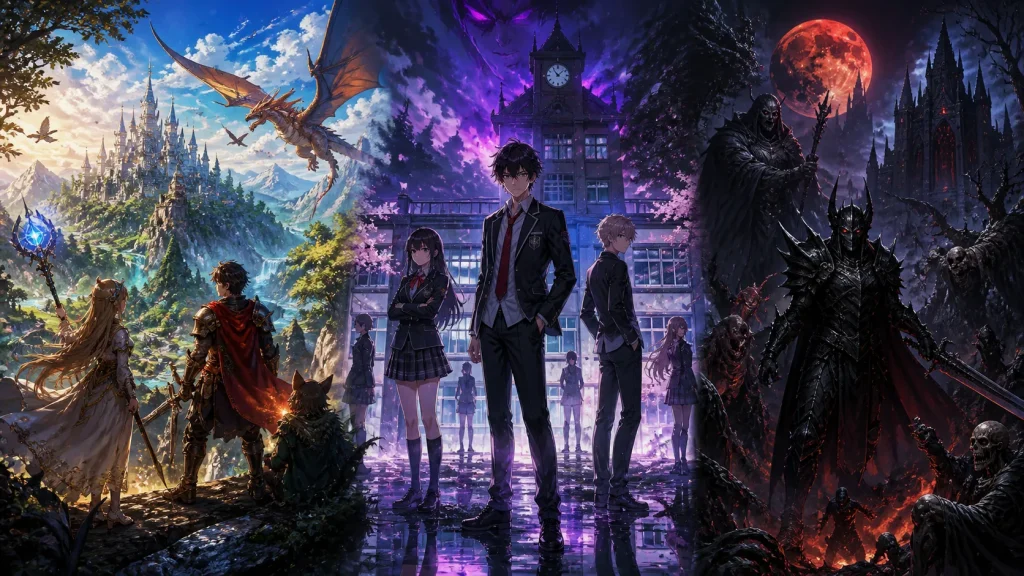 Collage of different PS2 RPG styles including fantasy, anime, and dark gothic worlds